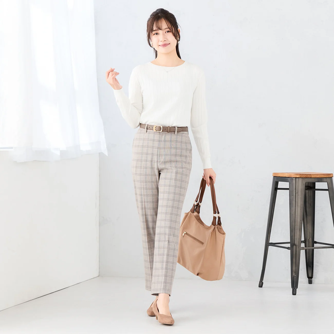 Check Straight Pants - Gray Beige - Image 2