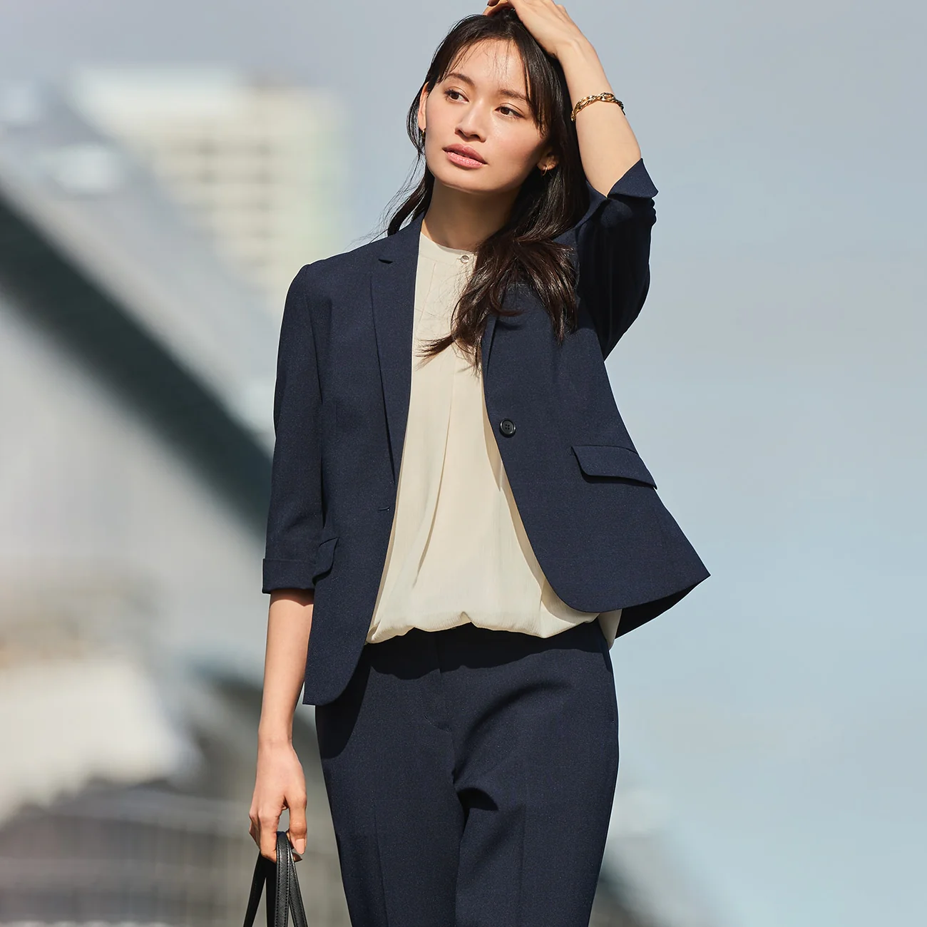 Washable Stretch Three-Quarter Sleeve Check Jacket - Navy