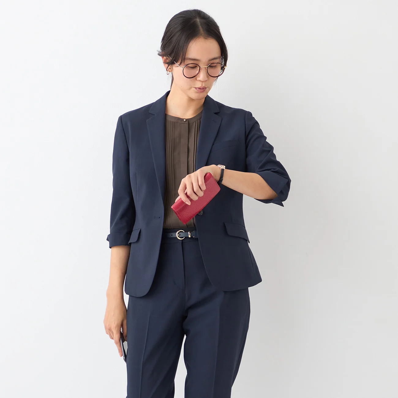 Washable Stretch Three-Quarter Sleeve Check Jacket - Navy - Image 11