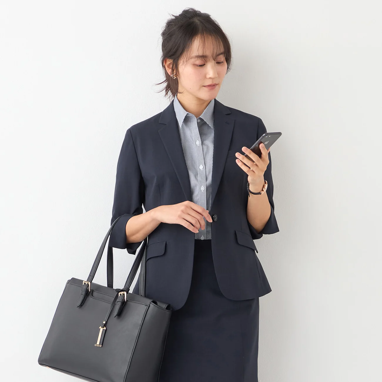 Washable Stretch Three-Quarter Sleeve Check Jacket - Navy - Image 13