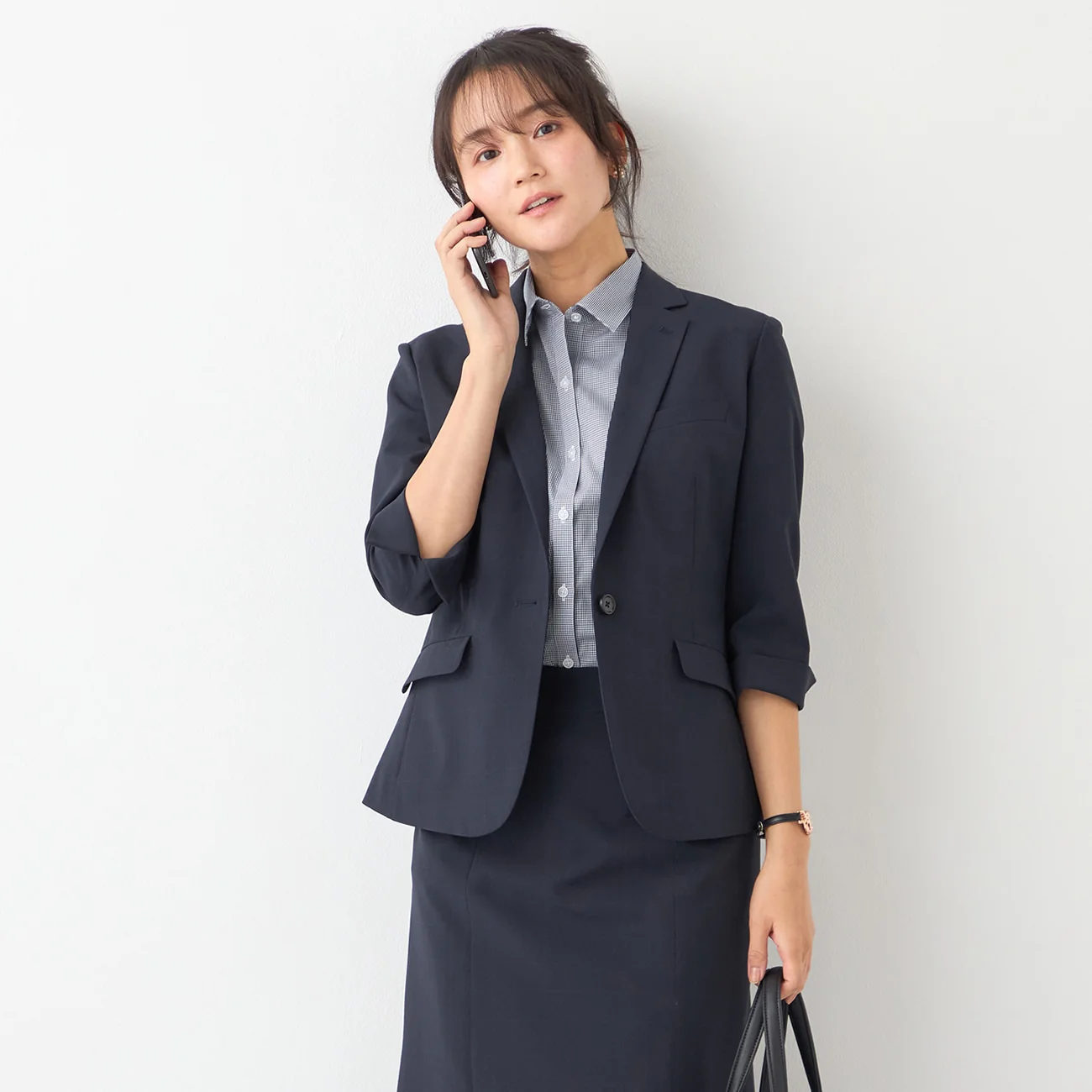 Washable Stretch Three-Quarter Sleeve Check Jacket - Navy - Image 16