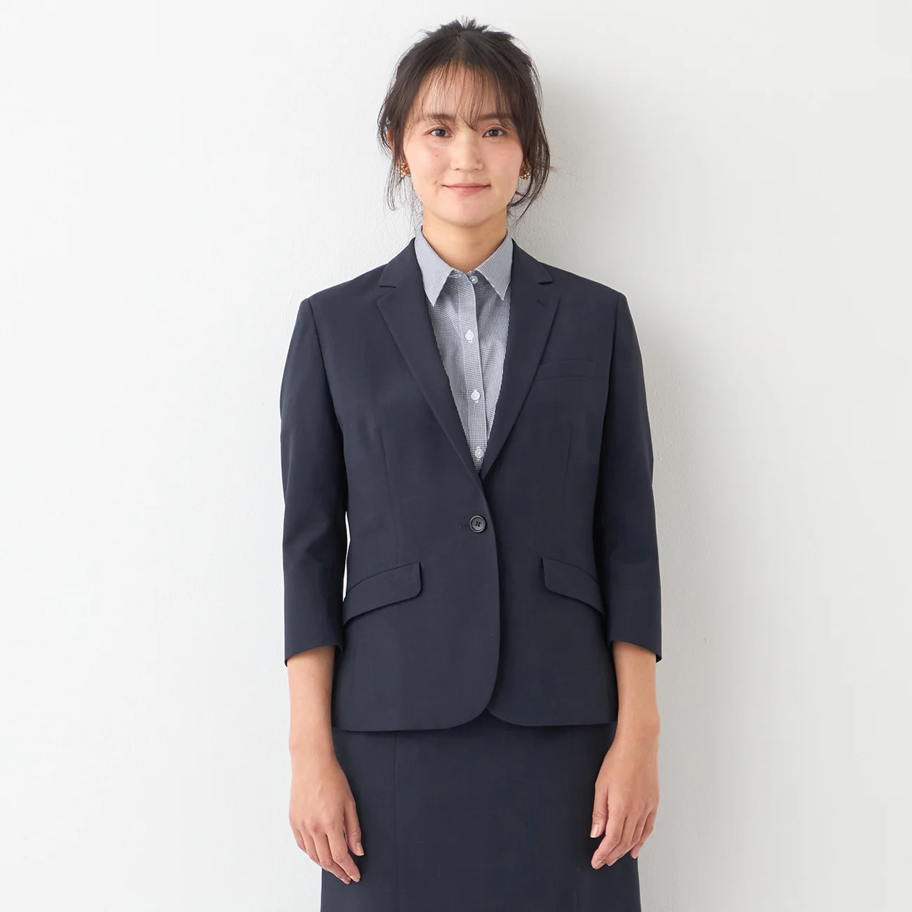 Washable Stretch Three-Quarter Sleeve Check Jacket - Navy - Image 17