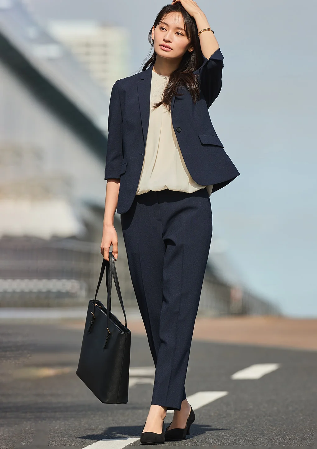 Washable Stretch Three-Quarter Sleeve Check Jacket - Navy - Image 27