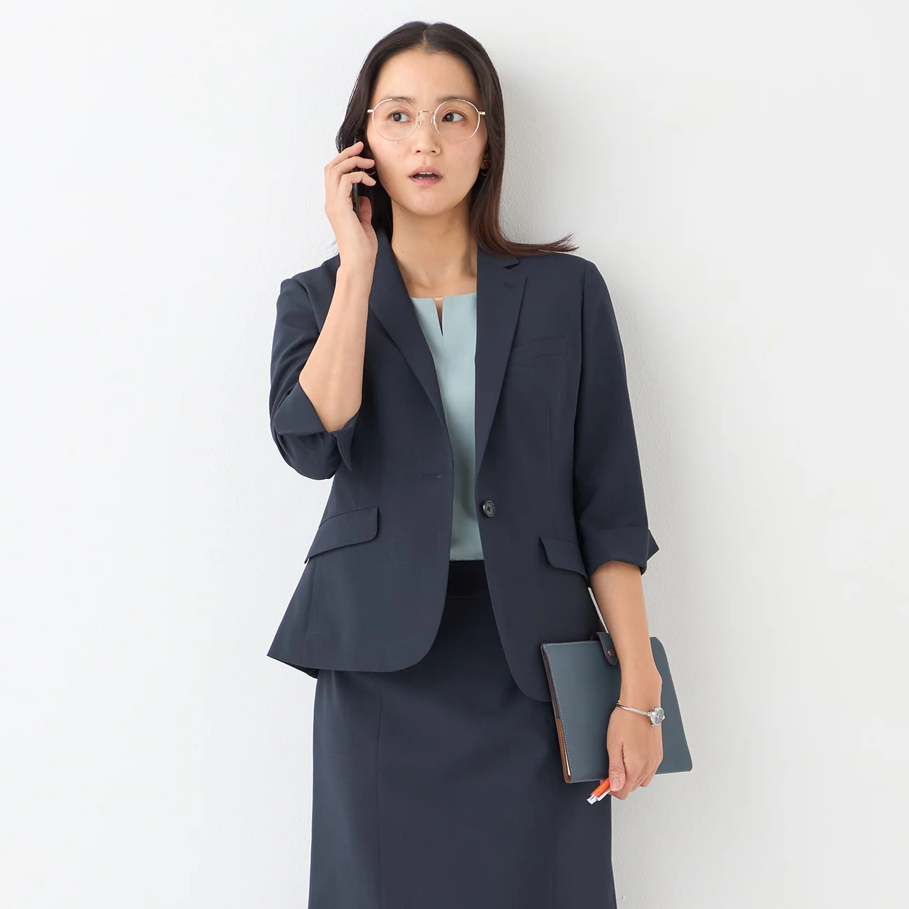 Washable Stretch Three-Quarter Sleeve Check Jacket - Navy - Image 3