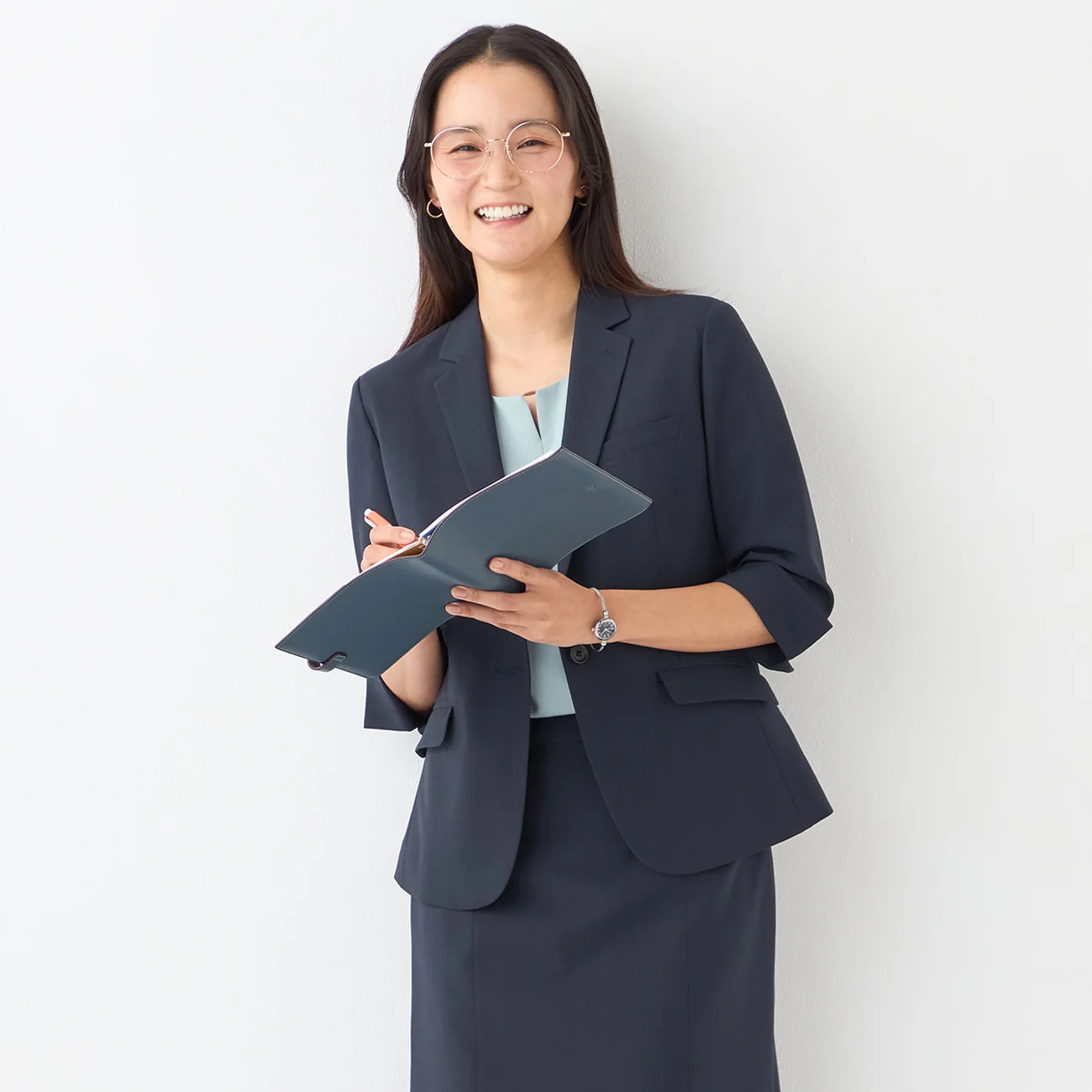 Washable Stretch Three-Quarter Sleeve Check Jacket - Navy - Image 5