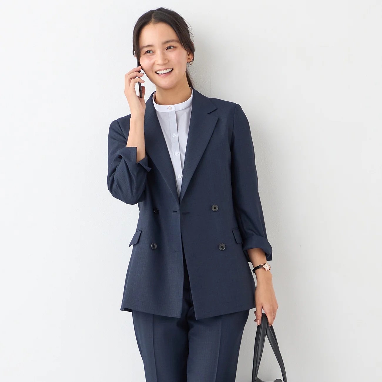 THE THIRD SUITS Linen-Like Cropped Sleeve Double-Breasted Jacket - Navy - Image 10