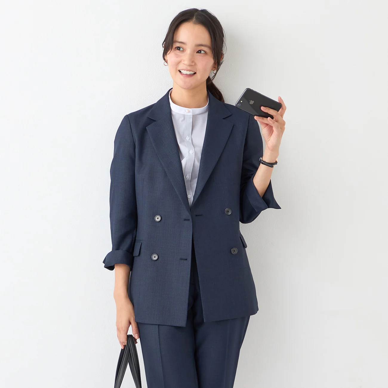 THE THIRD SUITS Linen-Like Cropped Sleeve Double-Breasted Jacket - Navy - Image 12