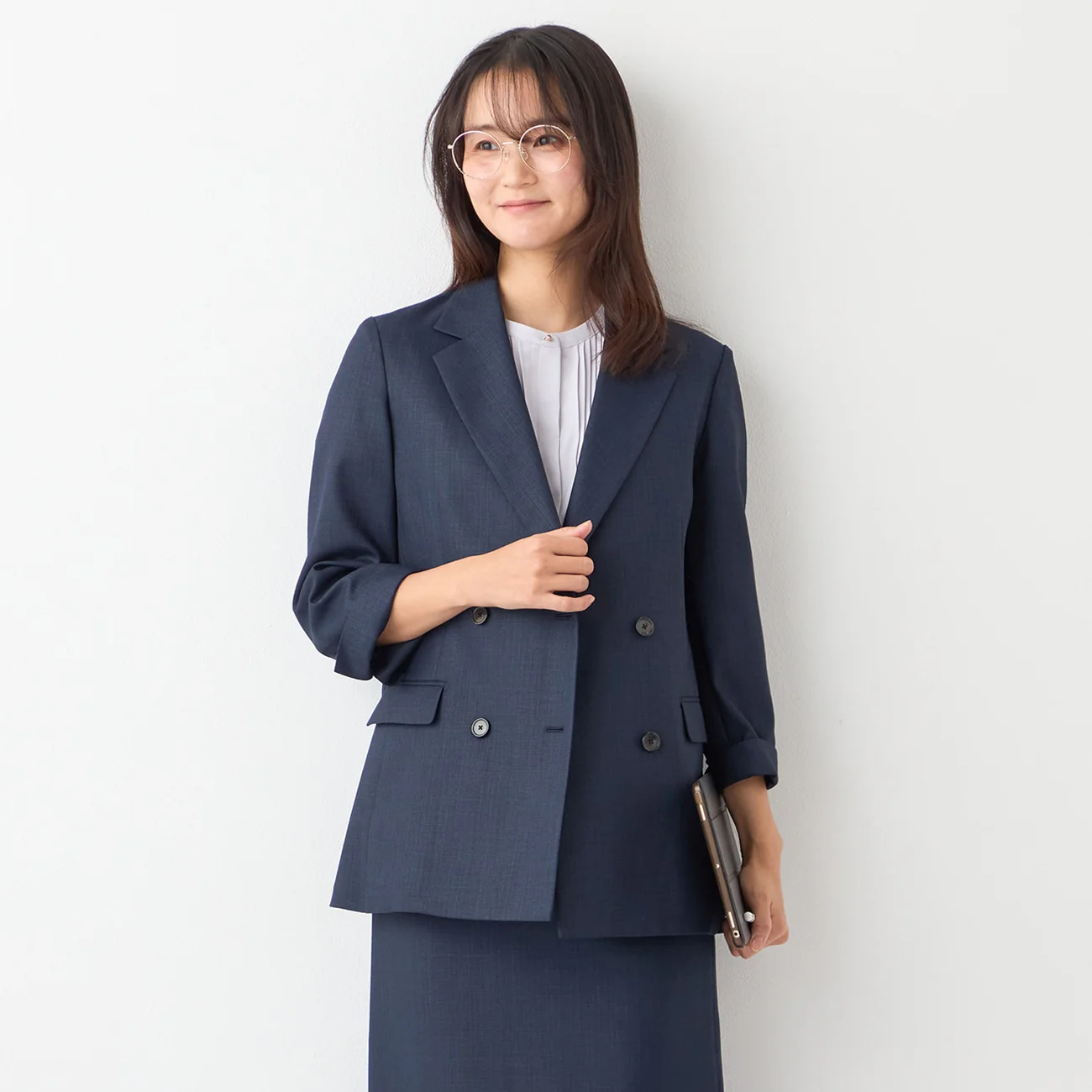THE THIRD SUITS Linen-Like Cropped Sleeve Double-Breasted Jacket - Navy - Image 18