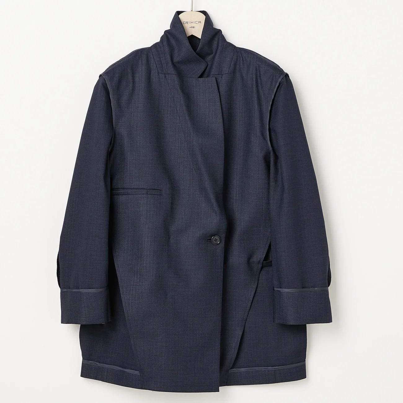 THE THIRD SUITS Linen-Like Cropped Sleeve Double-Breasted Jacket - Navy - Image 26