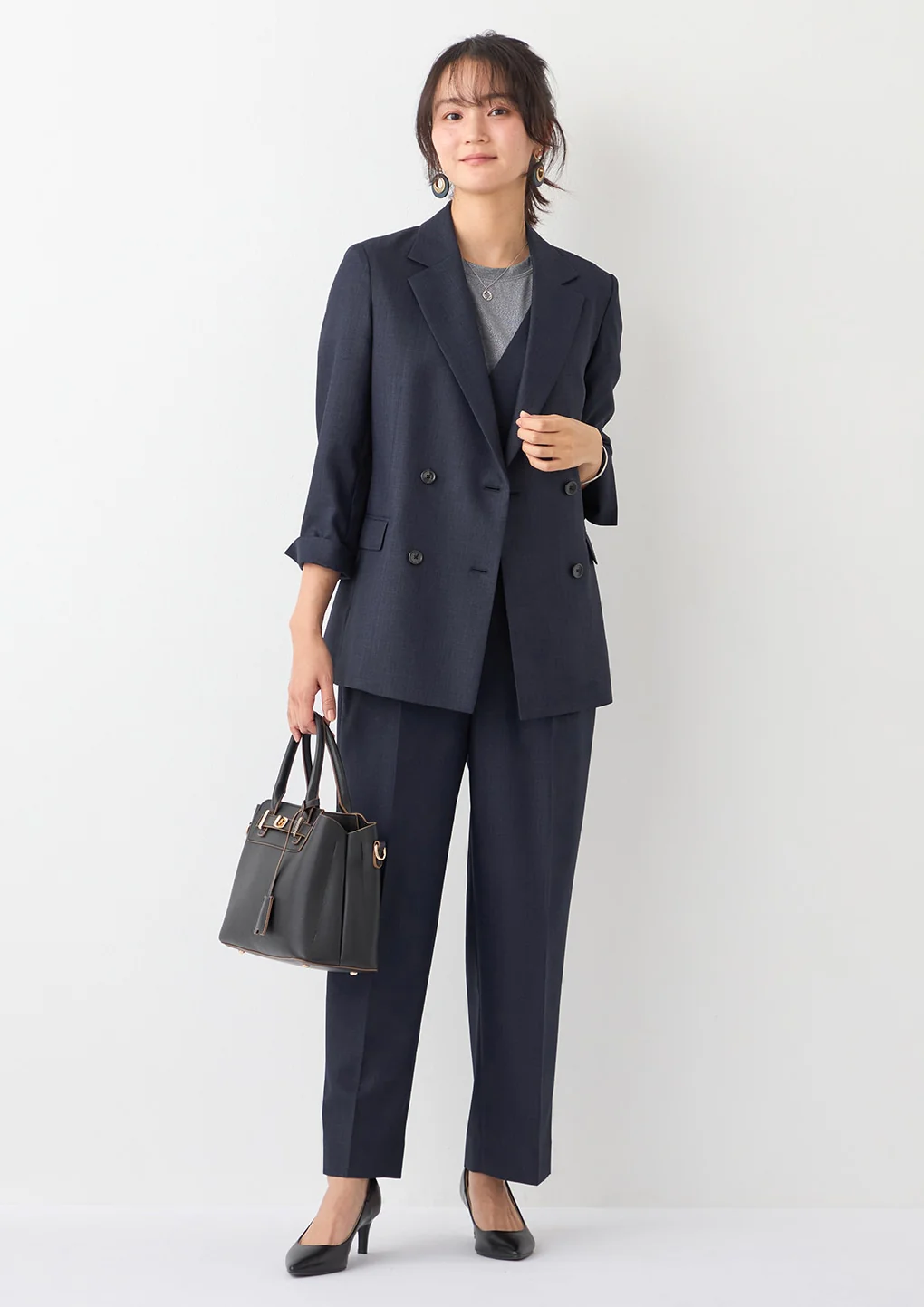 THE THIRD SUITS Linen-Like Cropped Sleeve Double-Breasted Jacket - Navy - Image 34