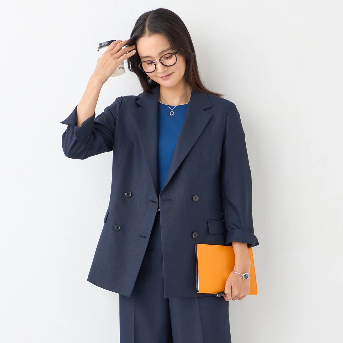 THE THIRD SUITS Linen-Like Cropped Sleeve Double-Breasted Jacket - Navy - Image 4