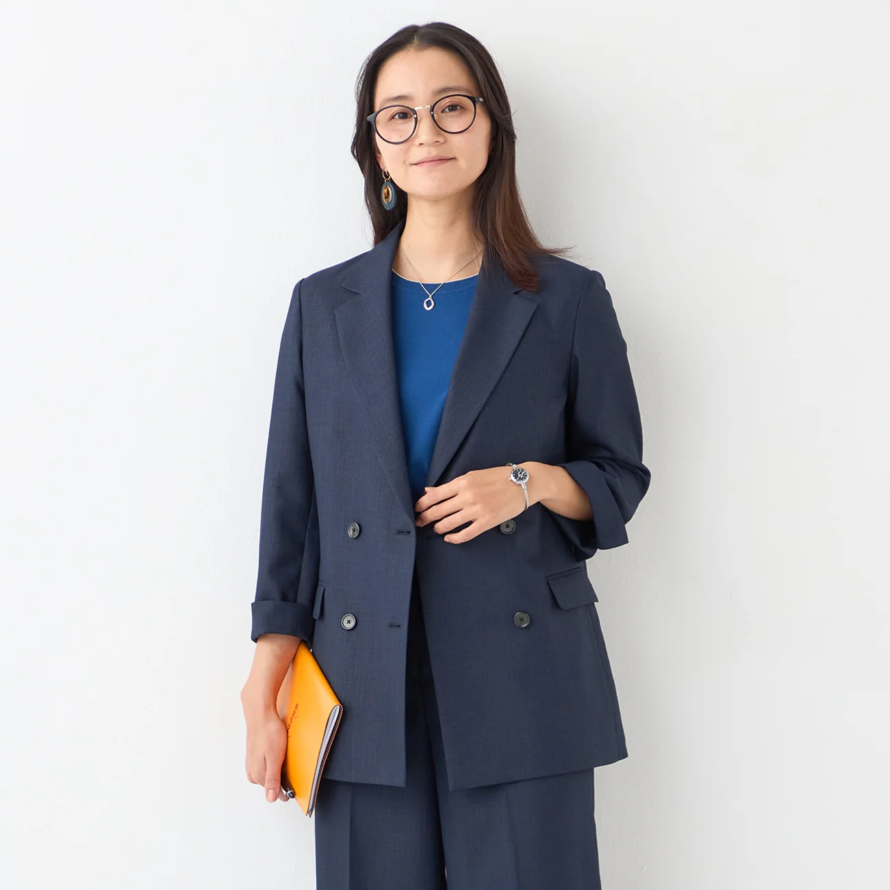 THE THIRD SUITS Linen-Like Cropped Sleeve Double-Breasted Jacket - Navy - Image 5