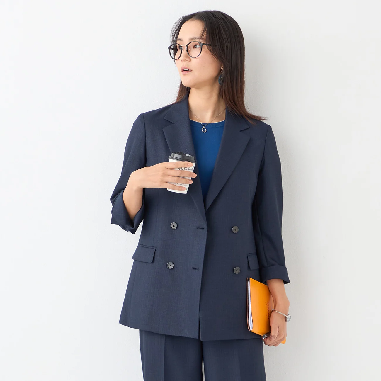 THE THIRD SUITS Linen-Like Cropped Sleeve Double-Breasted Jacket - Navy - Image 7