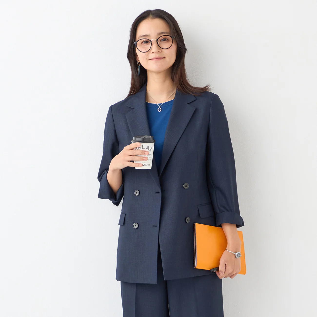 THE THIRD SUITS Linen-Like Cropped Sleeve Double-Breasted Jacket - Navy - Image 8