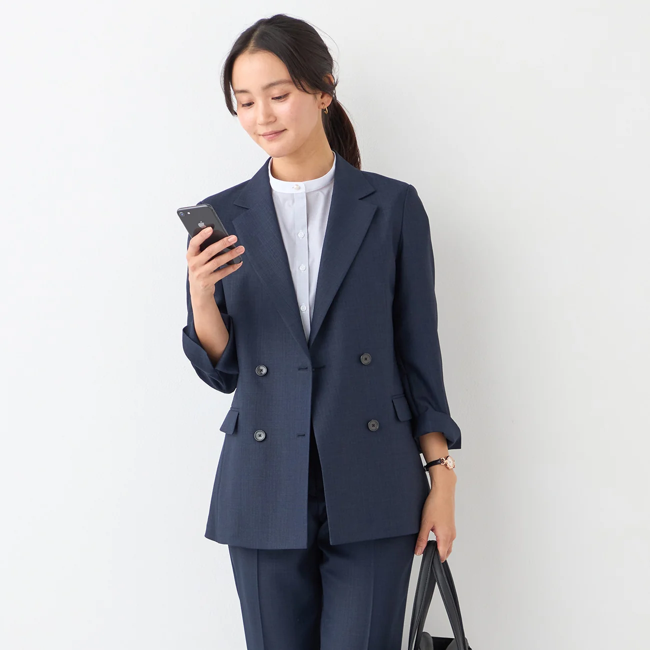 THE THIRD SUITS Linen-Like Cropped Sleeve Double-Breasted Jacket - Navy - Image 9